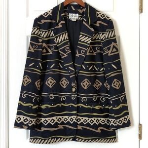 Rafaella 80's Vintage Funky Printed Linen Blend Boxy Blazer Jacket Black Tan 8